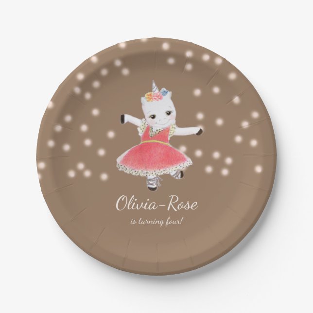Magic Pink Unicorn Ballerina Girl Birthday Paper Plates (Front)