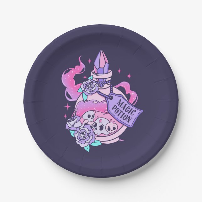 Magic Potion Cute Pink Halloween Potion Bottle Paper Plates (Front)