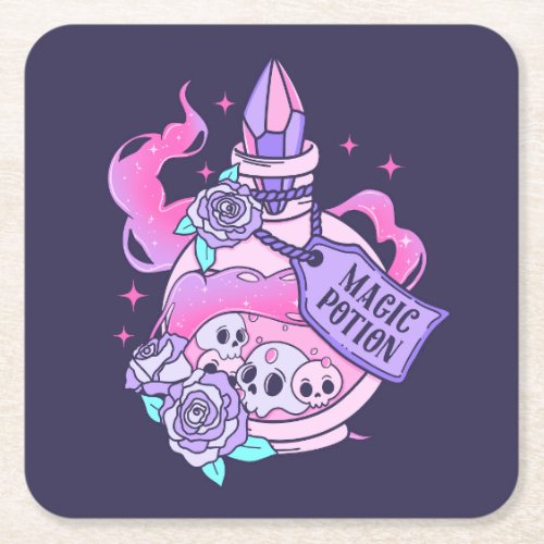 Magic Potion Cute Pink Halloween Potion Bottle Square Paper Coaster