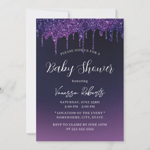 Magic Purple Glitter Drips Elegant Baby Shower Invitation