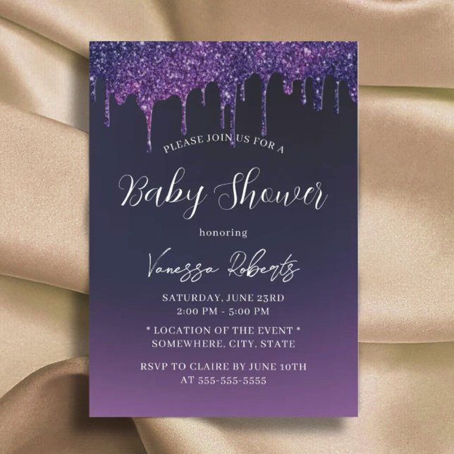 Magic Purple Glitter Drips Elegant Baby Shower Invitation (Creator Uploaded)