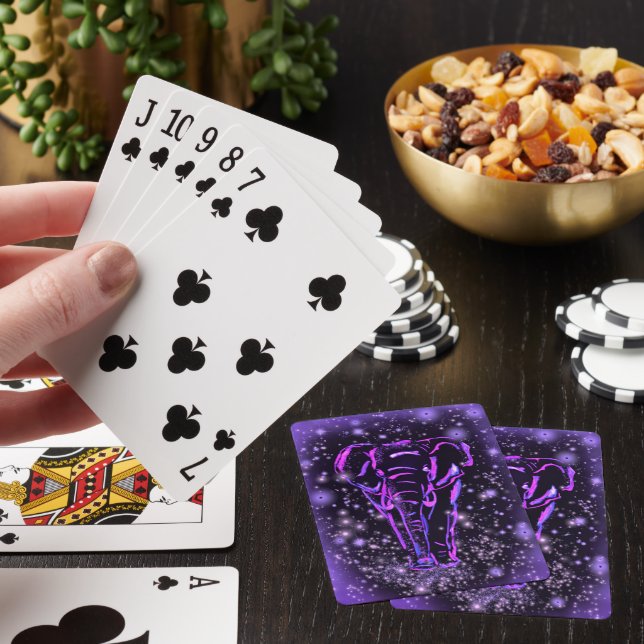 Magic Purple Pink Elephant Walking At Starry Night Poker Cards (In Situ)
