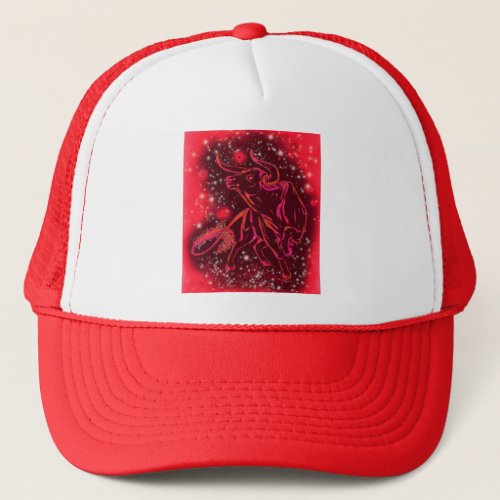 Magic Red Neon Bull Running _ Amazing Starry Night Trucker Hat