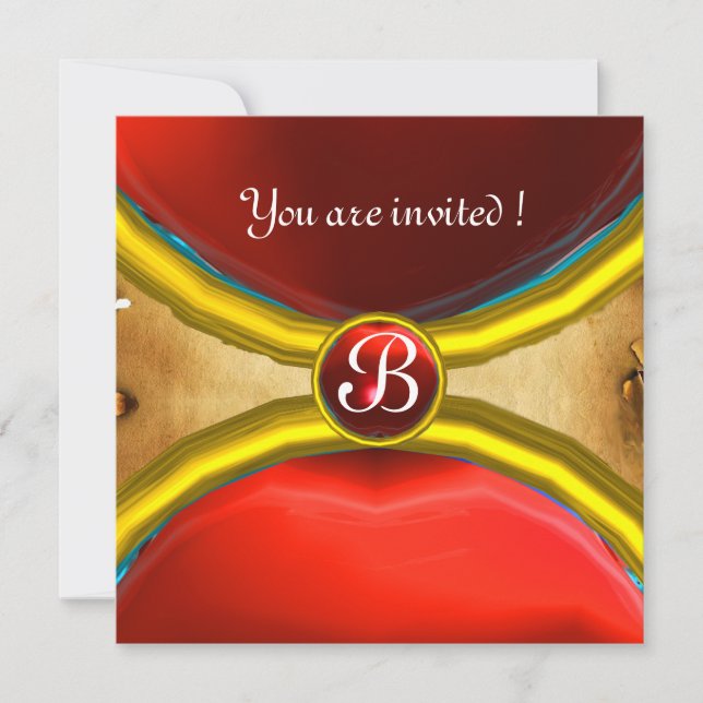 MAGIC RINGS ,MONOGRAM parchment gem red Invitation (Front)