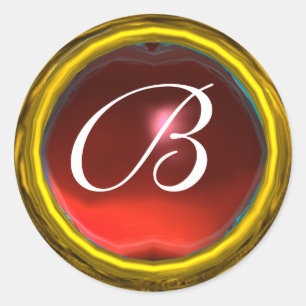 MAGIC RUBY MONOGRAM bright vibrant yellow red Classic Round Sticker