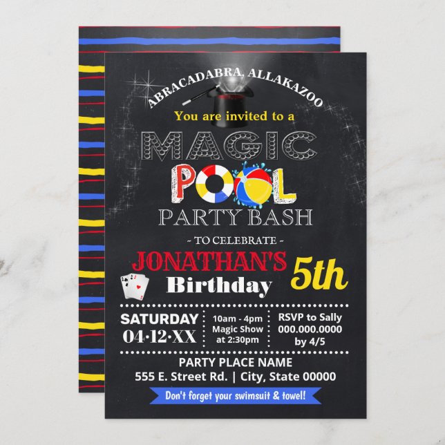 Magic show and pool birthday bash children party invitation (Front/Back)