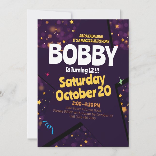 Magic Show Golden Stardust Theme Birthday Invite (Front)