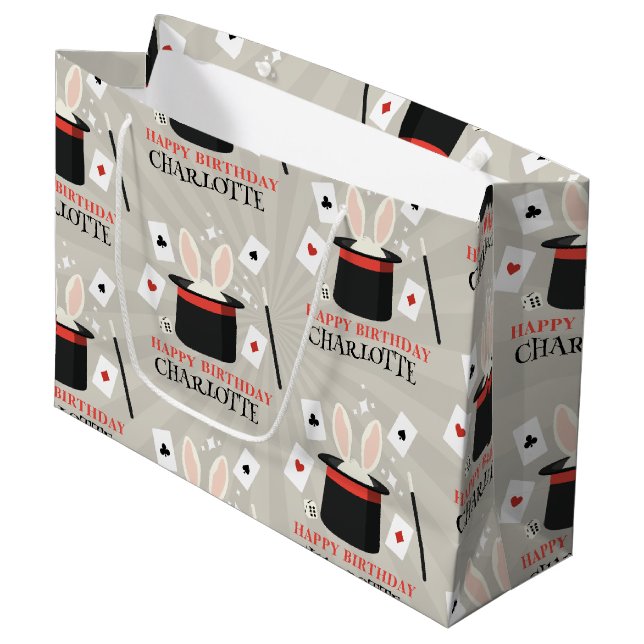 Magic Show Magician Kids Birthday Custom Name Large Gift Bag (Front Angled)