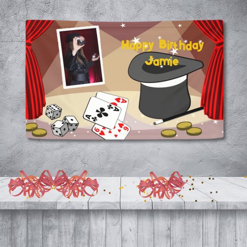 Magic Show Stage Happy Birthday Name Red Banner