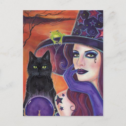 Magic spell Halloween witch with black cat Postcard