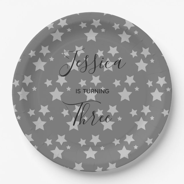 Magic Star birthday Gray Baby Gender Neutral Paper Plates (Front)