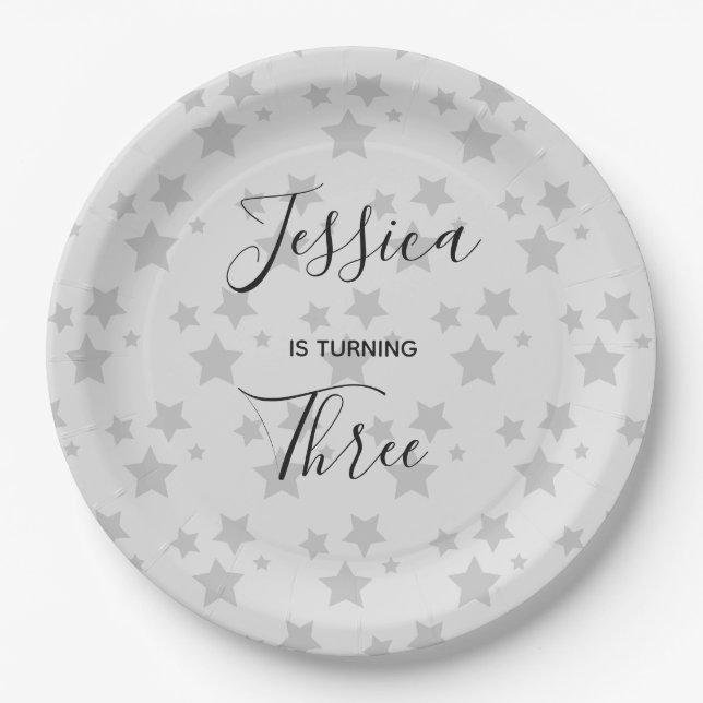 Magic Star birthday Gray Baby Gender Neutral Paper Plates (Front)