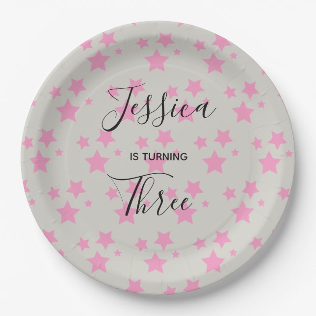 Magic Star birthday Gray Pink Paper Plate (Front)