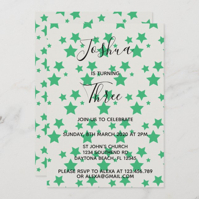 Magic Star birthday invitation Gray Green (Front/Back)