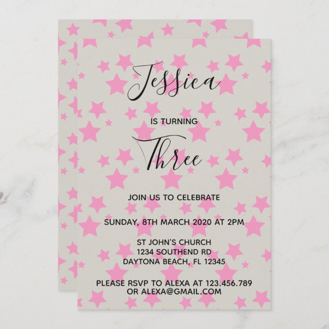Magic Star birthday invitation Gray Pink (Front/Back)