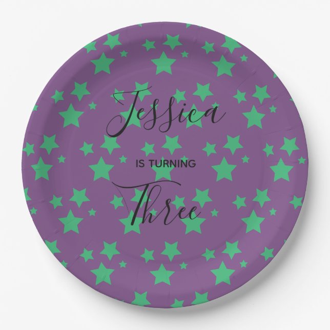 Magic Star birthday Purple Green Kids Baby Circus Paper Plates (Front)