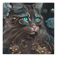 Magic steampunk Maine Coon cat and flowers AI art Faux Canvas Print