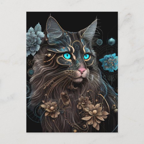Magic steampunk Maine Coon cat and flowers AI art Postcard