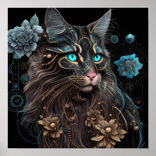Magic steampunk Maine Coon cat and flowers AI art Poster