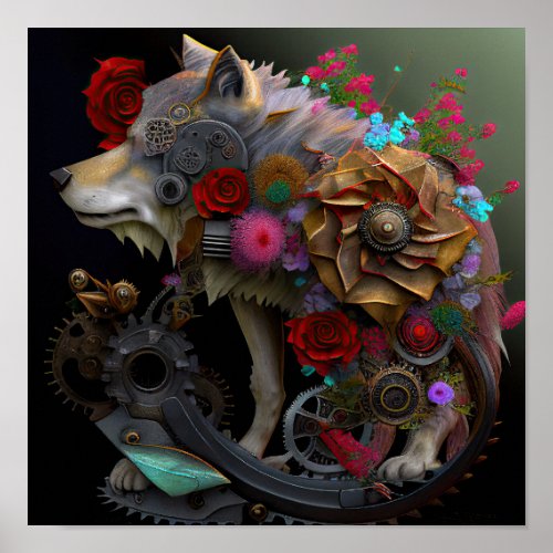 Magic steampunk wolf with roses AI art Poster