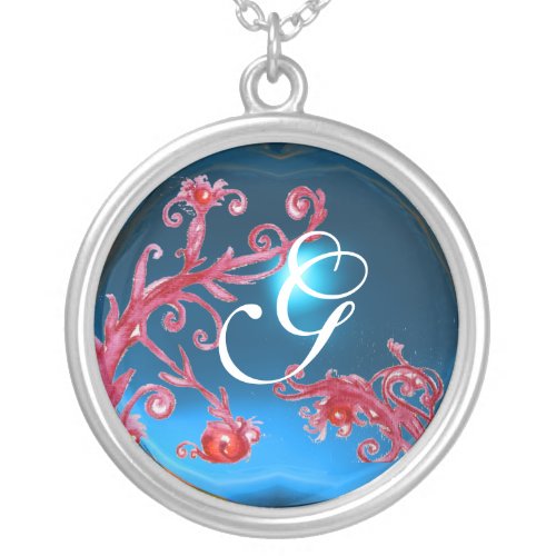 MAGIC SWIRLS IN RED Monogram  Blue Sapphire Silver Plated Necklace