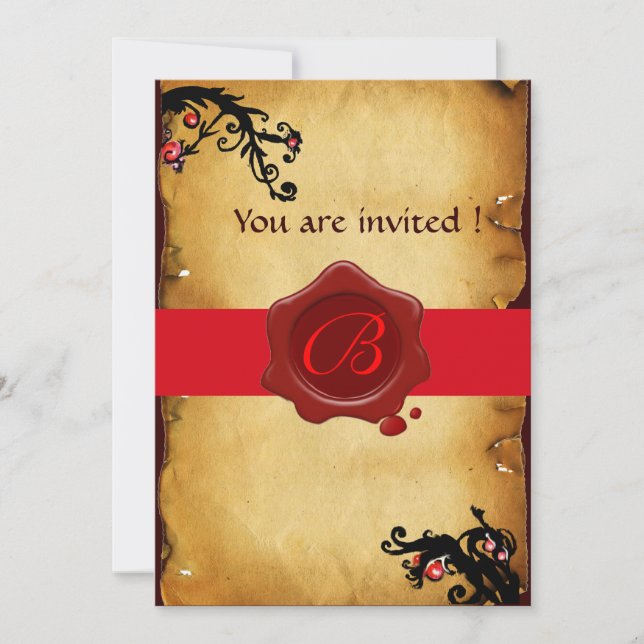 MAGIC SWIRLS PARCHMENT AND RED WAX SEAL MONOGRAM INVITATION (Front)