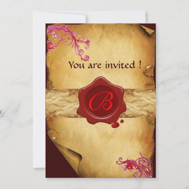 MAGIC SWIRLS PARCHMENT AND RED WAX SEAL MONOGRAM INVITATION (Front)