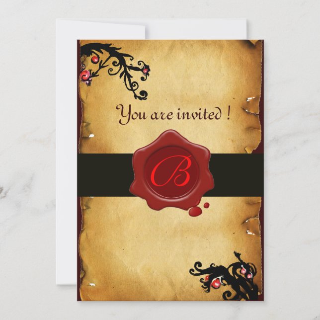 MAGIC SWIRLS PARCHMENT AND RED WAX SEAL MONOGRAM INVITATION (Front)
