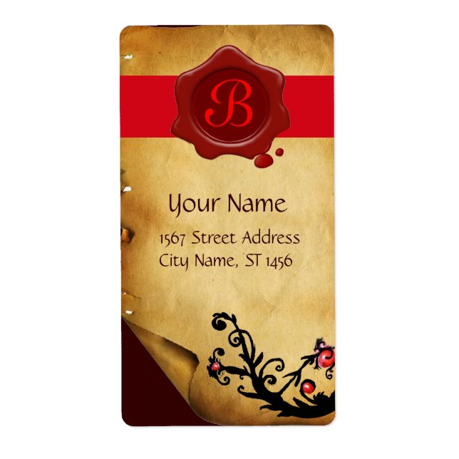 MAGIC SWIRLS PARCHMENT AND RED WAX SEAL MONOGRAM LABEL (Front)