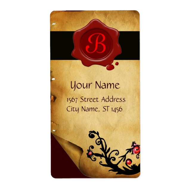 MAGIC SWIRLS PARCHMENT AND RED WAX SEAL MONOGRAM LABEL (Front)