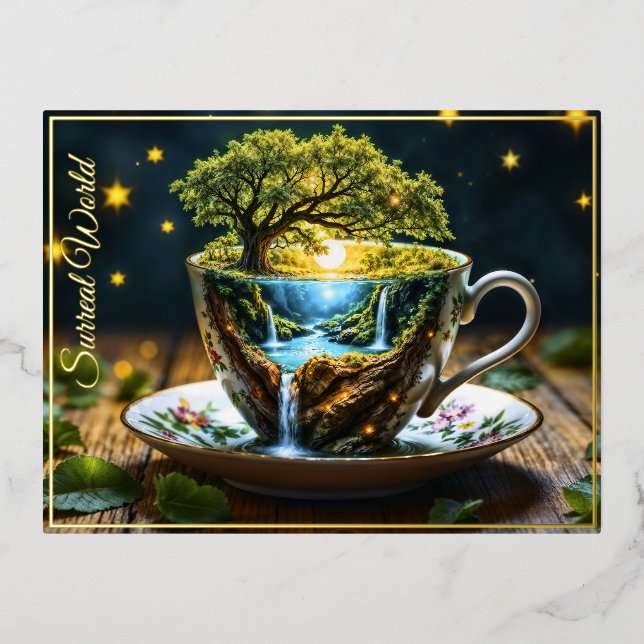 Magic teacup landscape fantastic nature foil holiday postcard (Front)