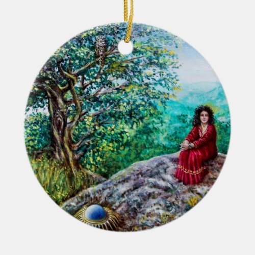 MAGIC TREE  Dawn In Green Wood and Lady in Red Ceramic Ornament
