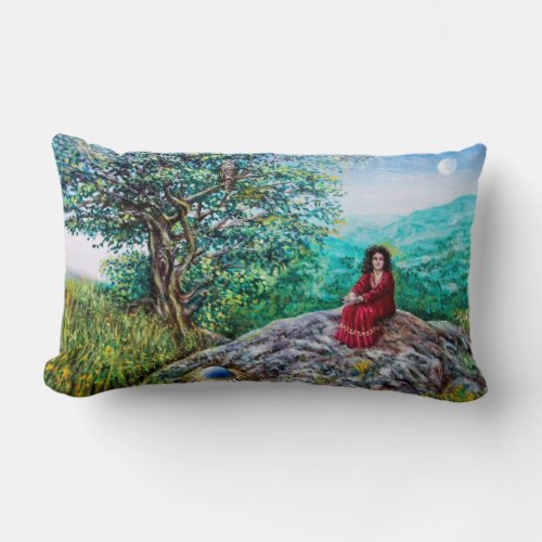 MAGIC TREE  Dawn In Green Wood and Lady in Red Lumbar Pillow
