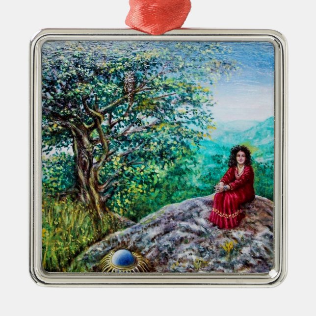 MAGIC TREE / Dawn In Green Wood and Lady in Red Metal Ornament (Front)