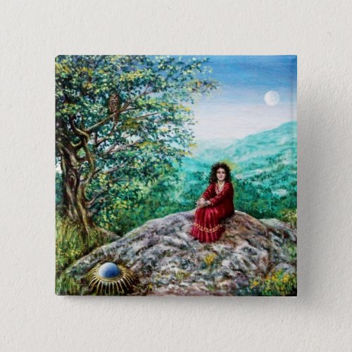MAGIC TREE  Dawn In Green Wood and Lady in Red Pinback Button
