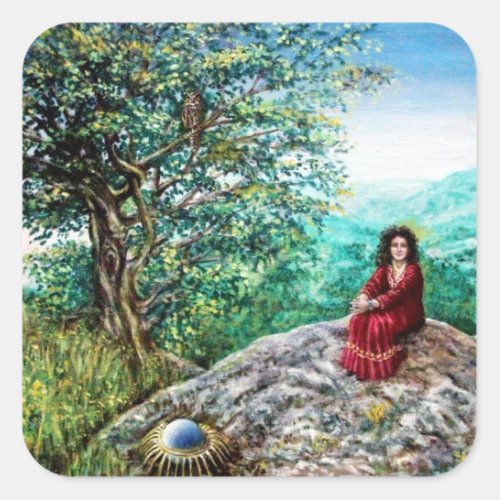 MAGIC TREE  Dawn In Green Wood and Lady in Red Square Sticker