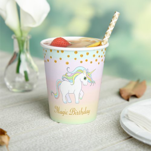 Magic Unicorn and Gold Confetti on Pastel Colors Paper Cups