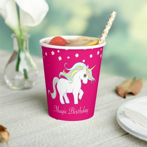 Magic Unicorn and White Flowers on Magenta Paper Cups
