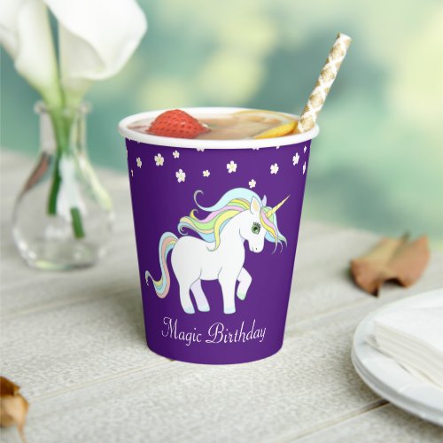 Magic Unicorn and White Flowers on Royal Purple Paper Cups