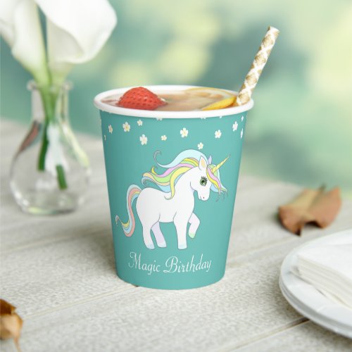 Magic Unicorn and White Flowers on Teal Paper Cups