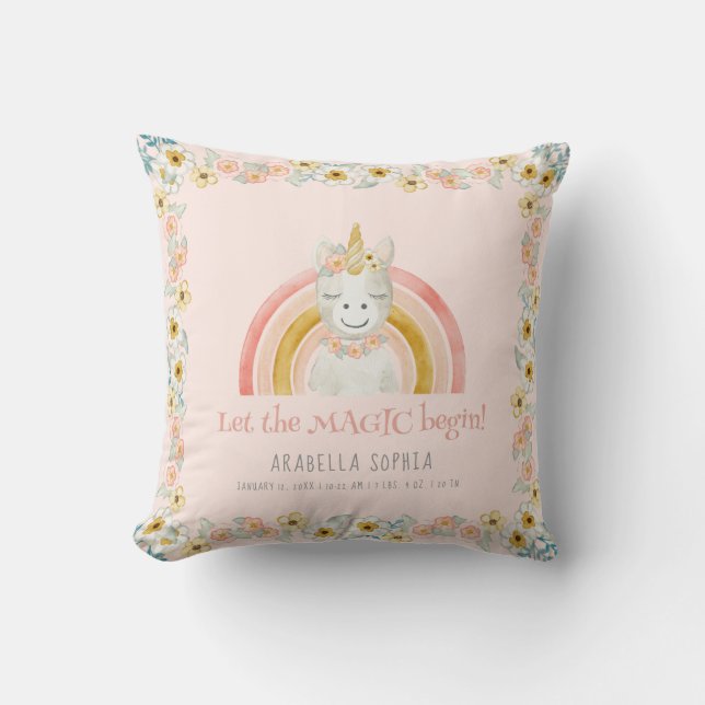 Magic Unicorn Baby Girl Birth Info Watercolor Throw Pillow (Front)