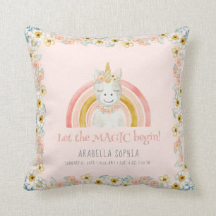 Magic Unicorn Baby Girl Birth Info Watercolor Throw Pillow