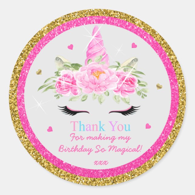Magic Unicorn Birthday Thank You Favor Classic Round Sticker (Front)