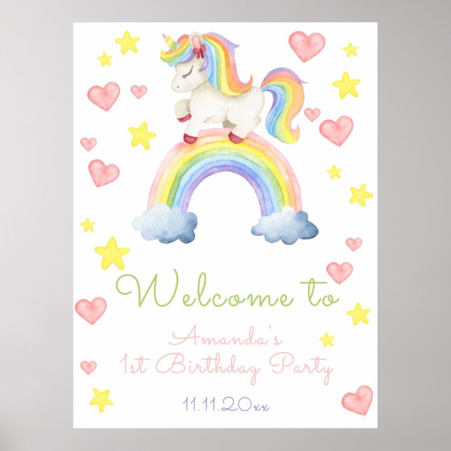 Magic Unicorn First Birthday Welcome Poster (Front)