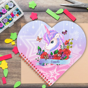Magic unicorn, flowers & butterflies custom heart notebook