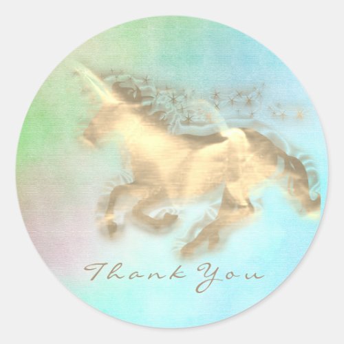 Magic Unicorn Gold Stars Thank You Mint Blue Ombre Classic Round Sticker