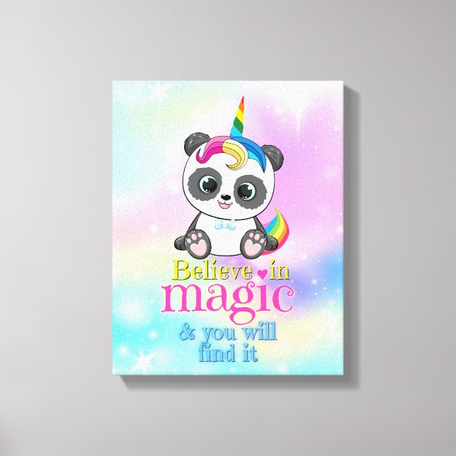Magic unicorn panda on rainbow background canvas print (Front)