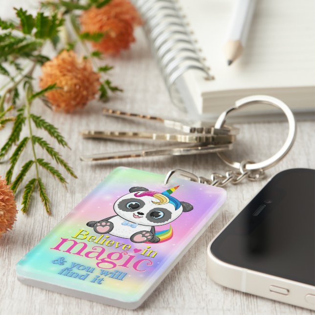 Magic unicorn panda on rainbow background keychain (Front Right)