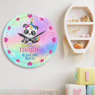 Magic unicorn panda on rainbow background large clock