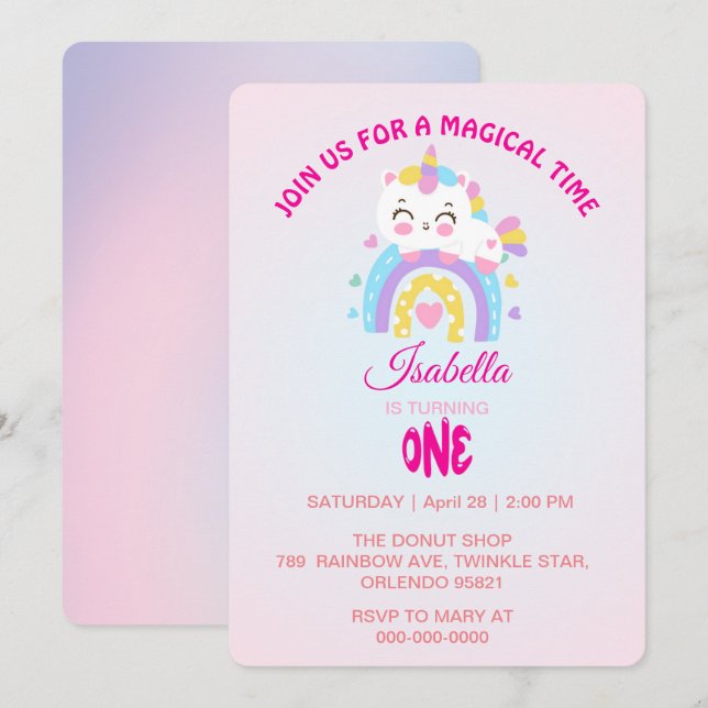 Magic Unicorn rainbow gradient 1st birthday party Invitation (Front/Back)